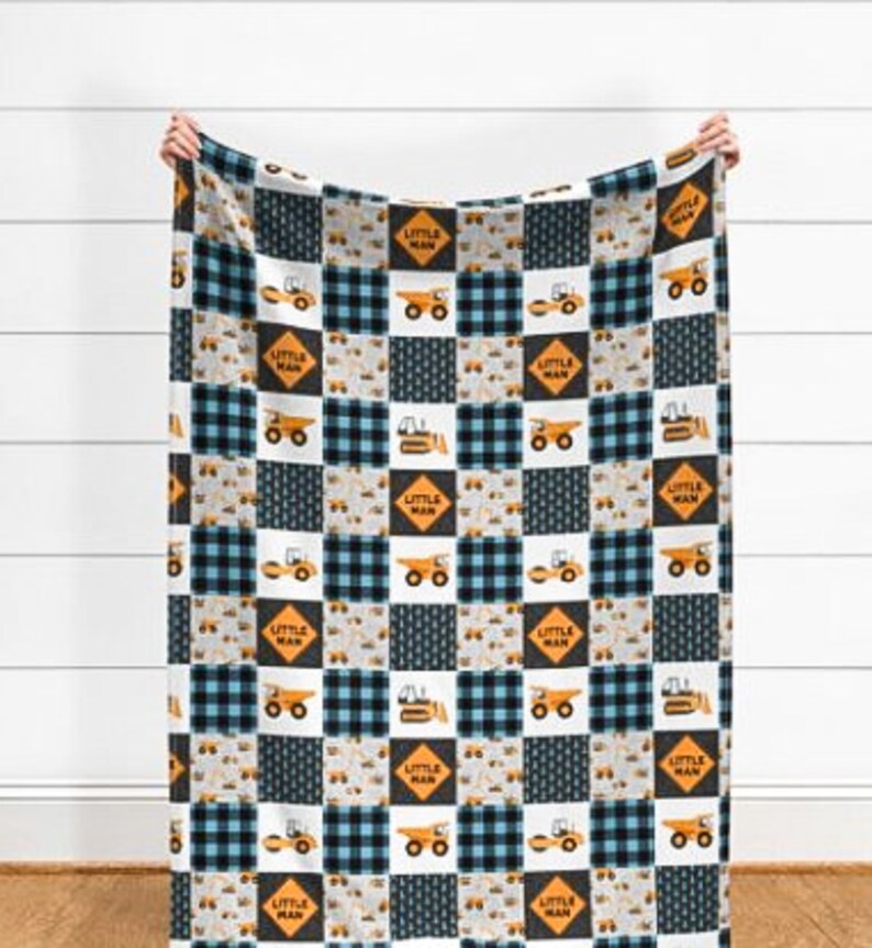 Baby Boy Blanket Dump Truck Baby Blanket Little Man Blanket Teal Blue Grey Gray Minky Baby Blanket Construction Vehicle Bedding