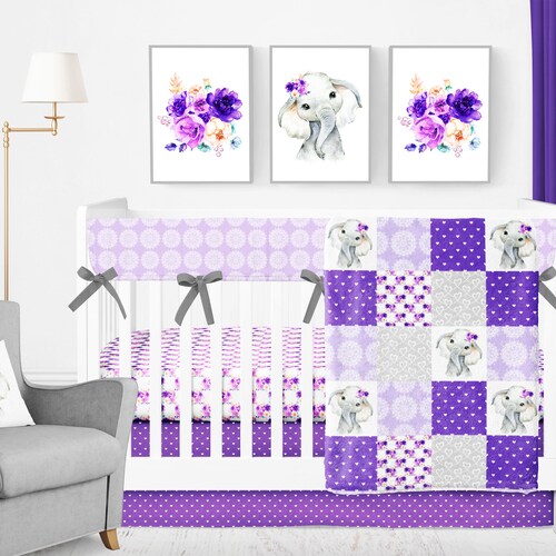 Purple Floral Girl Crib Bedding Set Elephant Lilac Baby Etsy