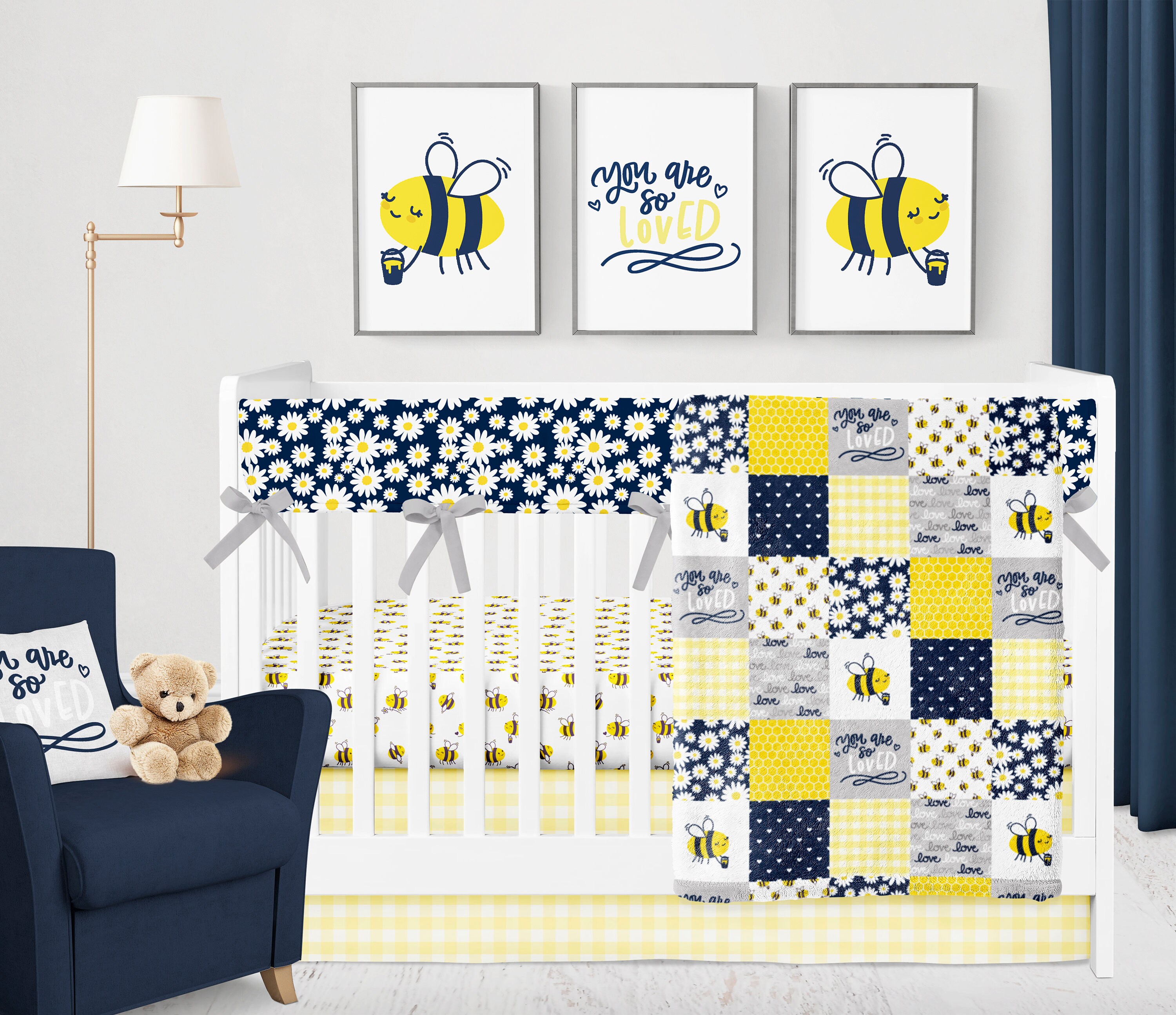 Bee Crib Bedding Set Girl Nursery Bedding Yellow Navy Grey Etsy