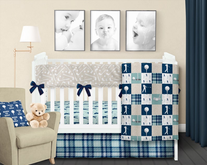 Golf Baby Blanket Boy Crib Bedding Set Sheet Skirt Nursery Quilt Navy Blue Tan Modern Minky
