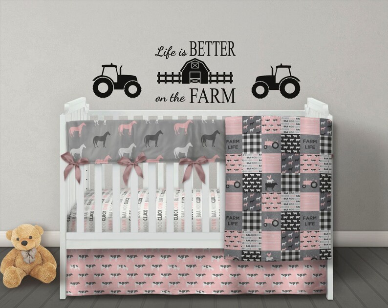 Girl Crib Bedding Set Farm Baby Quilt Nursery Blanket Pink Grey Gray