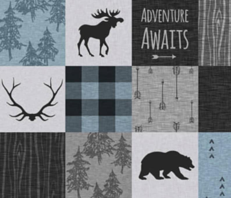 Adventure Awaits Quilt Moose Bear Blue Navy Gray Grey Woodland Quilt Baby Boy Crib Bedding Minky Baby Blanket Patchwork Baby Quilt