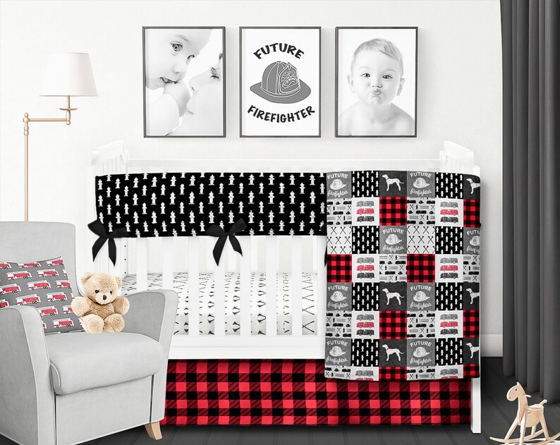 Boy Crib Bedding Set, Firefighter Baby Quilt, Firetruck Blanket