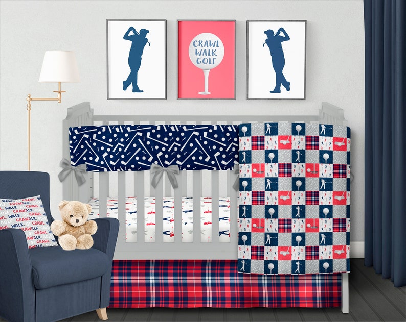 Golf Nursery Bedding Set Boppy Pillow Cover Boy Crib Chaning Pad Baby Blanket Skirt Sheet Red Navy Grey