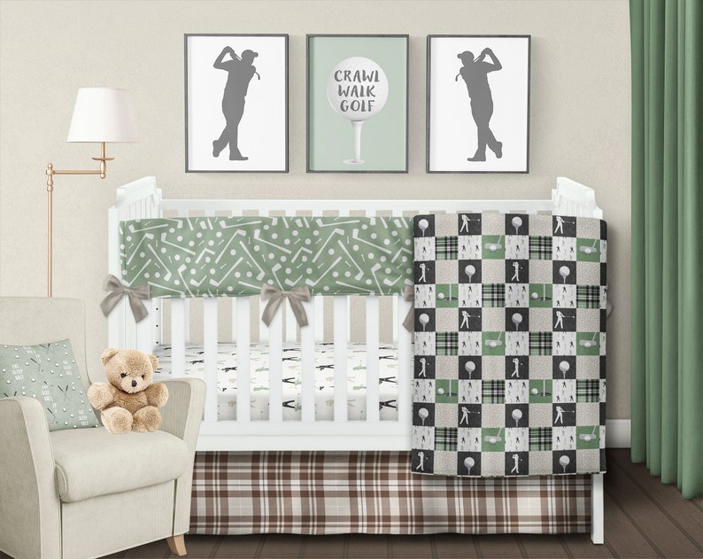 Nursery Bedding Boy Golf Crib Set Minky Baby Blanket Sage Tan Brown Sheet Skirt Changing Pad Cover Boppy Pillow