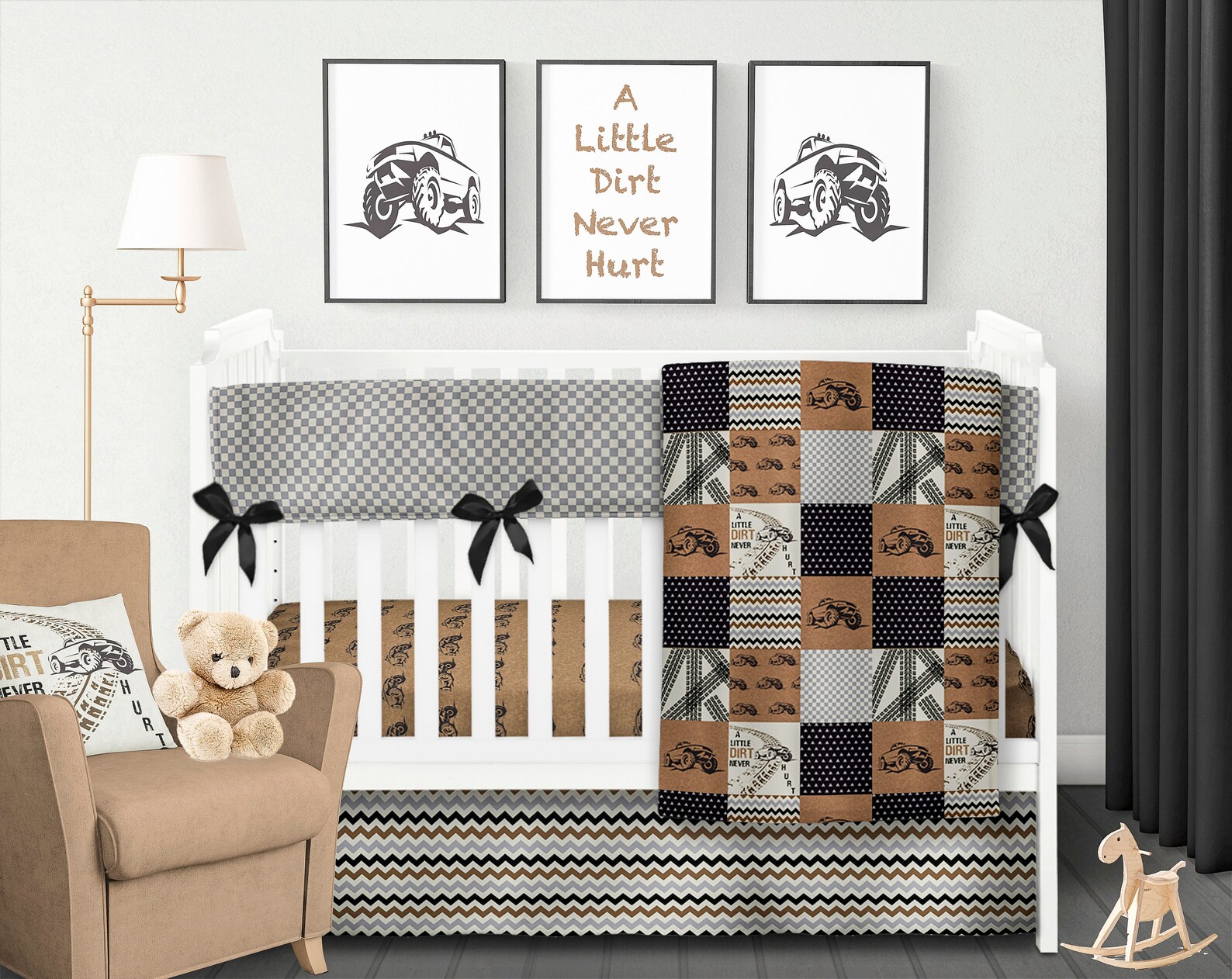 Truck Crib Bedding Boy Nursery Bedding Black Brown Tan Grey Etsy
