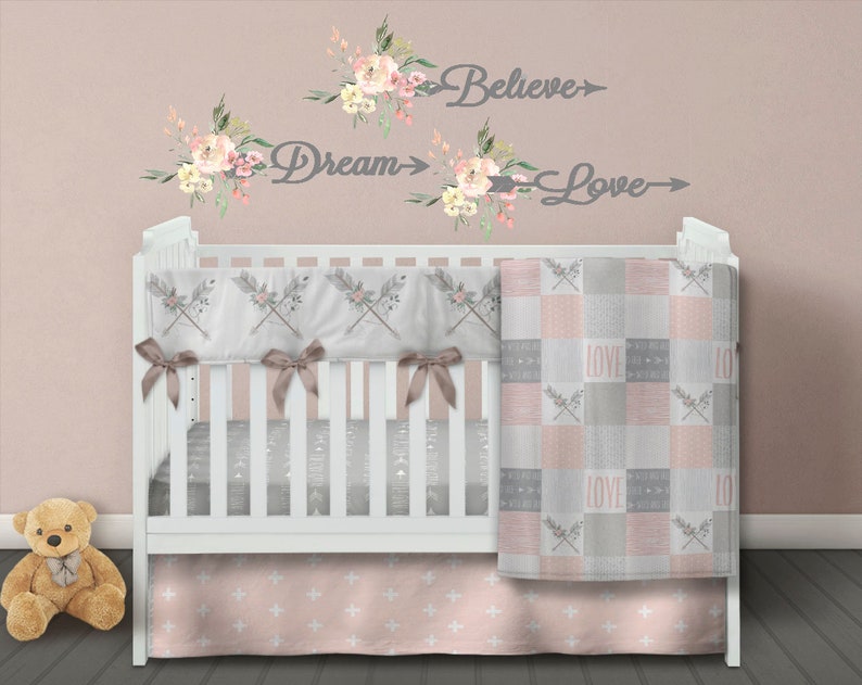 Boho Baby Quilt Girl Crib Bedding Set Patchwork Pink Grey Gray Blanket Skirt Sheet Nursery