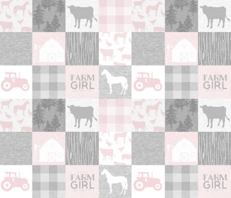 Baby Girl Blanket Tractor Baby Quilt Pink Farm Quilt Cow Baby Blanket Grey Gray Farm Quilt Baby Girl Quilt Horse Baby Blanket