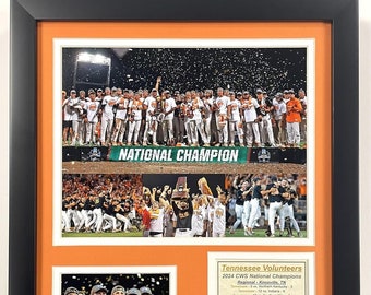 May include: A framed collage of photos celebrating the Tennessee Volunteers baseball team's 2024 College World Series championship. The collage includes photos of the team celebrating on the field, holding the championship trophy, and a close-up of the trophy. The text "Tennessee Volunteers 2024 CWS National Champions" is included in the collage.