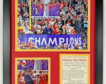 May include: A framed photo of the Kansas City Chiefs celebrating their Super Bowl LVIII victory. The photo shows the team on the field with confetti falling around them. The text "Super Bowl LVIII Champions Kansas City Chiefs" is printed on the bottom right corner of the frame.