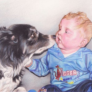 Realistic colour pencil drawing of a black and white border collie and a baby. The bay is having ginger / blond hair and he's wearing a blue top with red writing and blue trousers. They are looking each other in the eye.