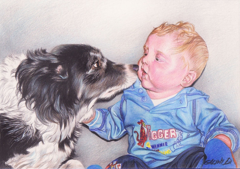 Realistic colour pencil drawing of a black and white border collie and a baby. The bay is having ginger / blond hair and he's wearing a blue top with red writing and blue trousers. They are looking each other in the eye.