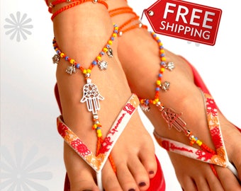 Silver Hamsa Hand Barefoot Sandal, Yoga, Orange Barefoot Sandals, Anklet