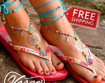 2018 Summer Fashion Trends. Barefoot Sandals. Blue Hippie Shoes. Silver Gypsy Bellydance Shoes