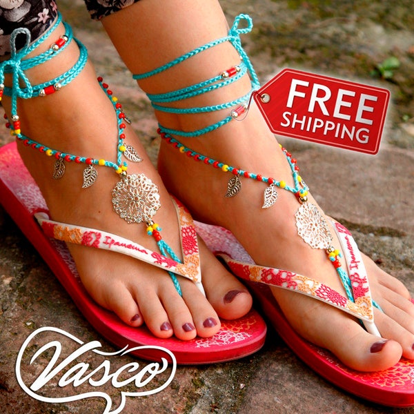 2018 Summer Fashion Trends. Barefoot Sandals. Blue Hippie Shoes. Silver Gypsy Bellydance Shoes