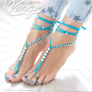 Ocean Blue Barefoot Sandals, Barefoot sandals, Blue Barefoot Sandal, Pearl Barefoot shoes, Foot Jewelry, Beach Barefoot Sandals