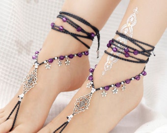 Purple Barefoot Sandals, Silver Barefoot Sandles, Bellydance Sandle