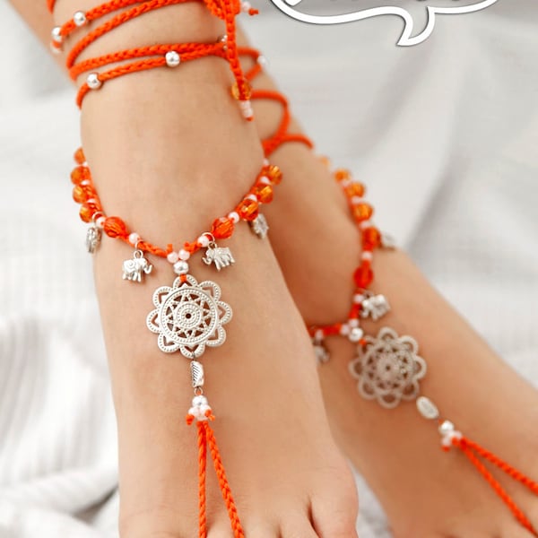 Boho Barefoot Sandal. Orange Gypsy Shoes. Mandala Barefoot sandals. Anklet