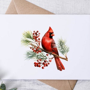 May include: A watercolor illustration of a vibrant red cardinal bird perched on a branch with green pine needles and red berries. The artwork is on a white card, accompanied by a brown envelope and eucalyptus sprig, suggesting a greeting card or art print.
