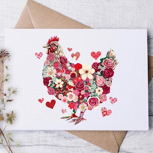 CHICKEN Valentines Red Hearts Card Set / Blank Note Cards / Folded Notecards / Stationery / Luxury Linen Textured / Minimalist