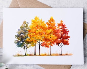 May include: A rectangular greeting card featuring a watercolor illustration of five trees in a row, transitioning in color from blue and green on the left to yellow, orange, and vibrant red on the right, set against a plain white background.