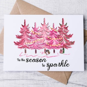 SPARKLE SEASON Tis the Season to Sparkle Pink Trees Watercolor Christmas Card Set / Boxed Cards / Folded Notecards / Christmas Greeting Card