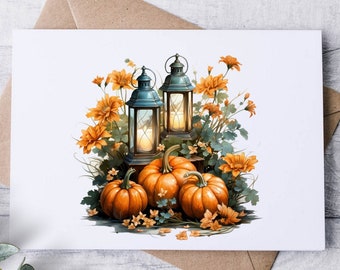 Fall Autumn Candle Lantern Pumpkin Watercolor Card Set / Fall / Folded Notecards / Thank You / Stationery / Pumpkin Autumn Leaves