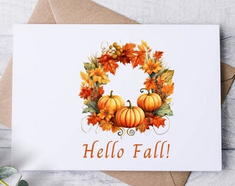Hello Fall Pumpkin Wreath Watercolor Card Set / Fall / Folded Notecards / Thank You / Stationery / Pumpkin Autumn Leaves