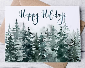 WOODLAND SPLENDOR Happy Holidays Evergreen Forest Woods Rustic Card Set / Blank Note Cards / Folded Notecards / Green Country Christmas Card