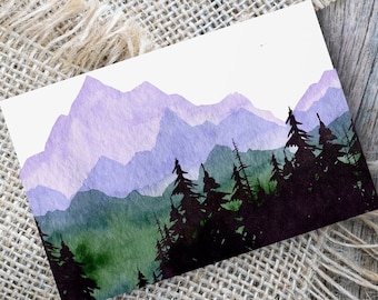 Notecard SERENITY Watercolor Mountain & Forest Cards - Rustic Winter Fall Autumn Note Cards on Linen - Luxury Blank Notecard Set
