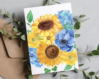 SUNLIT SERENADE Sunflower with Blue Flowers Watercolor Card Set / Blank Note Cards / Folded Notecards / Thank You / Stationary