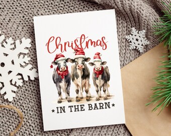 CHRISTMAS in the BARN / Luxury Linen Textured Card / Blank Note Cards / Thank You Cards /  Holiday Cards / Country Christmas Cow Christmas