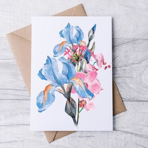 Blue Iris Pink Anemone Watercolor Card Set | Blank Notecards for Thank You & Stationery | Folded Note Cards