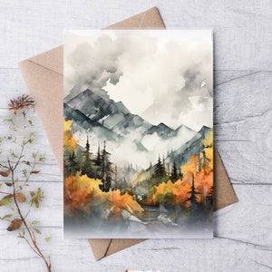 STORMY DAYS Mountains Rustic Card Set / Luxury Linen Textured Card / Blank Note Cards / Thank You Watercolor Autumn Forest