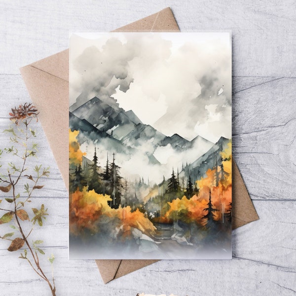 STORMY DAYS Mountains Rustic Card Set / Luxury Linen Textured Card / Blank Note Cards / Thank You Watercolor Autumn Forest