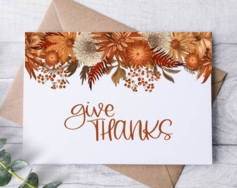 Autumn Fall Give Thanks Card Set / Autumn Wishes / Blank Note Cards / Thank You / Fall Flowers / Rustic Floral / Thanksgiving Cards