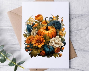 Fall Orange Blue Pumpkin Watercolor Card Set / Fall / Folded Notecards / Thank You / Stationery / Pumpkin Autumn Leaves / Rustic