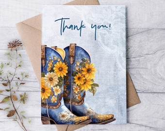Blue Cowgirl Boots Sunflower Thank You Cards Set - Blank Note Cards Denim Lace Western Themed Events "Blue Leather Blossoms"