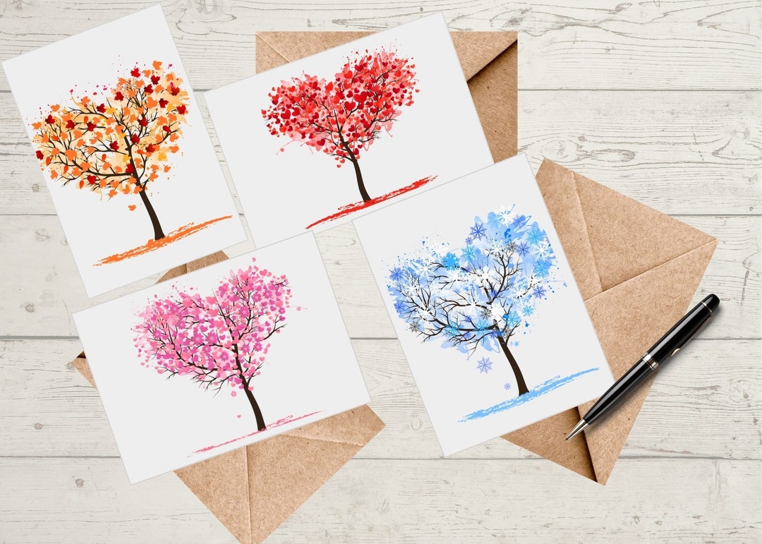 Seasons Heart Tree Watercolor Card Set / Spring Summer Winter Fall ...