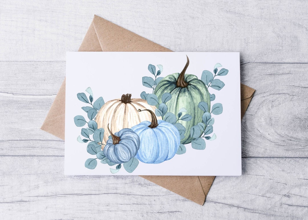 Blue Sage & White Watercolor Pumpkin Card Set / Watercolor Autumn Fall ...