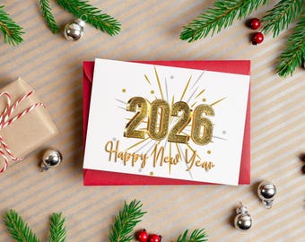 New Years 2026 Card Set / Blank Note Cards / Folded Notecards / Thank You / Gold New Year