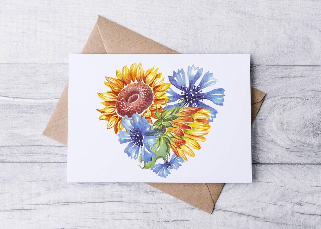Sunflower Blue Flower Heart Watercolor Card Set / Blank Note Cards ...
