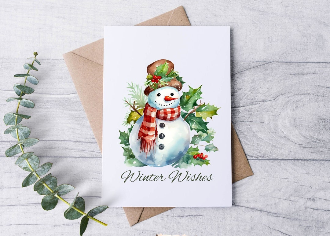 Snowman Winter Wishes / Luxury Linen Textured Card / Blank Note Cards ...
