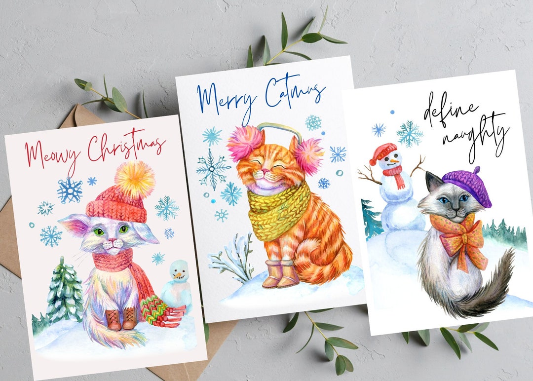 Funny Cat Christmas Cards / Watercolor Card Set / Blank Note - Etsy