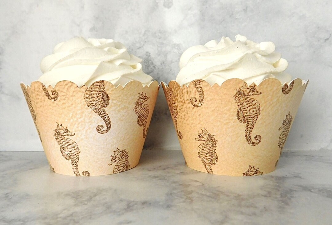 Gold Seahorse Cupcake Wrappers Scalloped Edge Smooth Finish Nautical ...