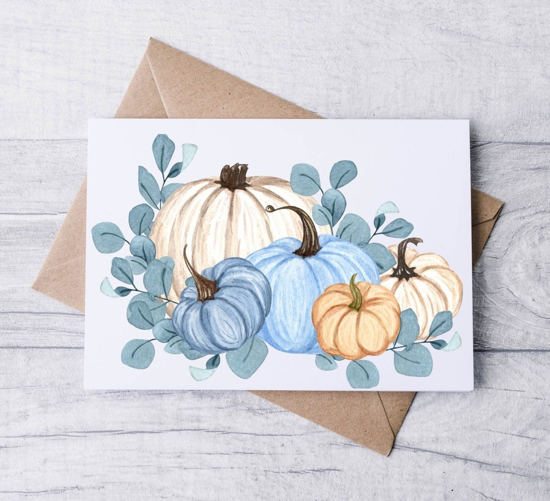 Blue Harvest Pumpkin Card Set - Dusty Blue Watercolor Fall Notecards ...