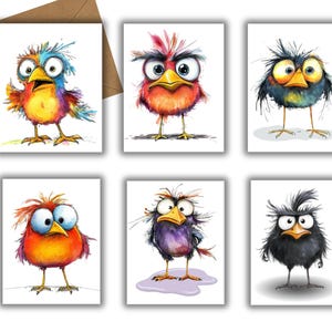 May include: Set of six greeting cards featuring whimsical illustrations of colorful birds with expressive eyes and feathery details. The birds are depicted in various poses and colors, with a brown envelope in the background.