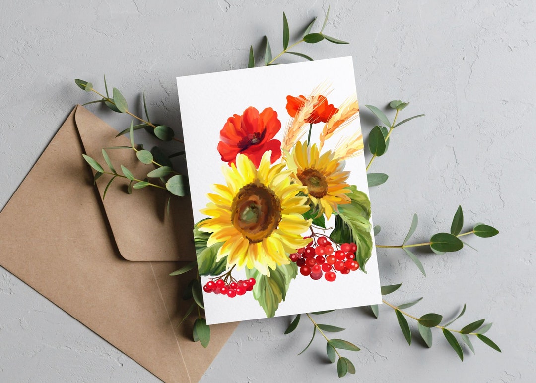 Sunflower Poppies Berries Watercolor Card Set / Blank Note Cards ...