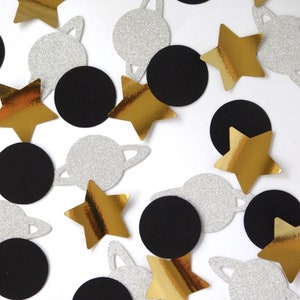 OUTER SPACE PARTY Table Confetti Scatter Moon Stars Planet Two the Moon 125 Pieces Black Silver Gold
