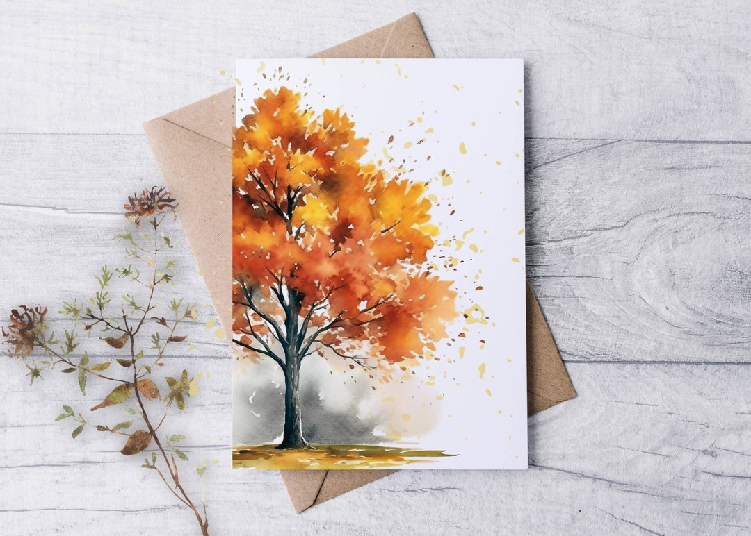 RUSTIC GOLD Autumn Fall Tree Cards - Luxury Linen Texture Blank Note ...